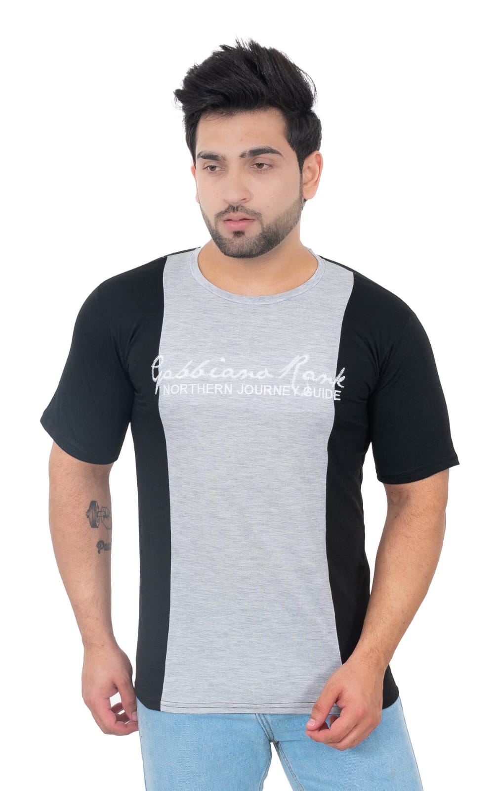 Men Self Design Round Neck Pure Cotton Grey T-Shirt