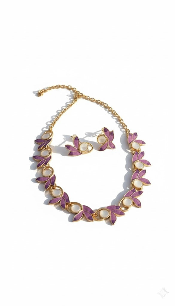 Gold Plated Purple Leaves Nature Inspired Jewellery Set