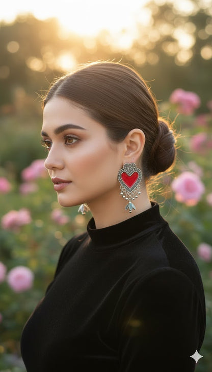 Antique Silver Red Heart Danglers