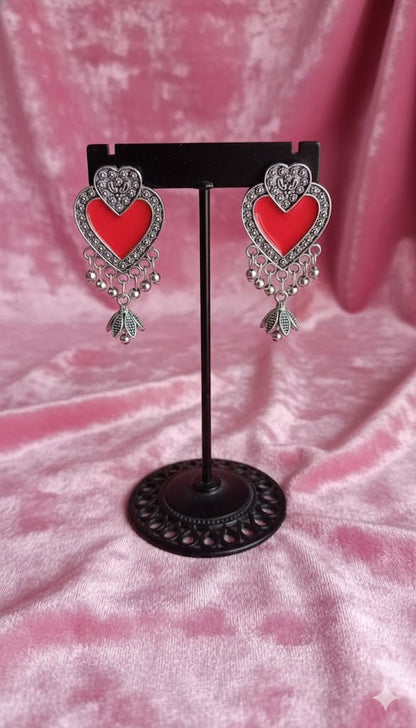 Antique Silver Red Heart Danglers