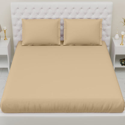 haus & kinder Elastic Fitted Bedsheets King Size with 2 Pillow Covers, 100% Cotton 300 TC, Melange Collection (California King, Glided Beig