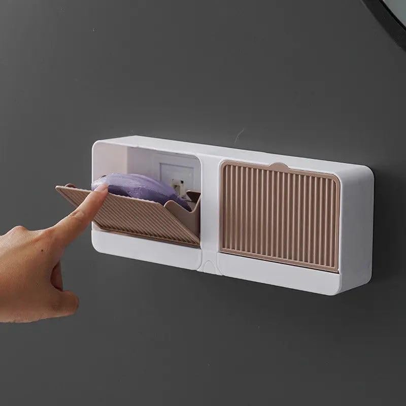 STREET Creative Wall Soap Box with Lid Double Mesh Standing Soap Dryer Holder Flip Wall Mounted Double Soap Holder with Drain Tray Bathroom