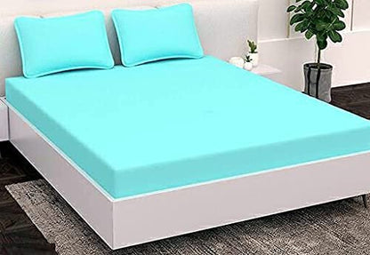 ure Cotton Solid Print Fitted with Elastic Solid Fragrance Double Bed Sheet with 2 Pillow Covers, (Queen Size), (Sea Blue)