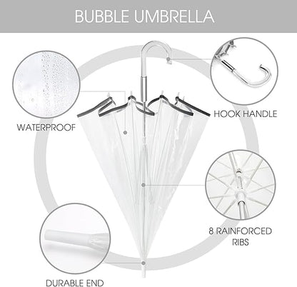 Transparent Auto Open Classic Dome Plastic Hook Handle - Fashion Stick Windproof Clear