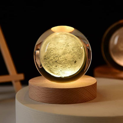 Ball Night Lamp, Creative Engraved Crystal Ball Night Light, USB Table LED Wooden Crystal