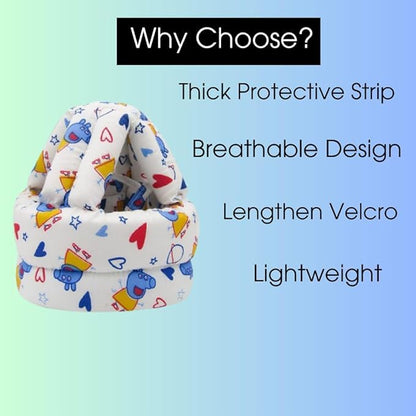 Adorable Baby Wearing a Soft Protective Safety Helmet with Cartoon Bunny Design and Colorful Plaid Overalls (White)