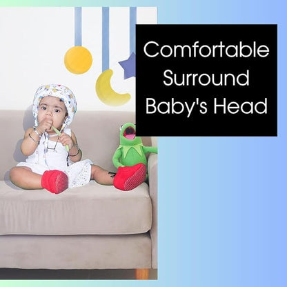Adorable Baby Wearing a Soft Protective Safety Helmet with Cartoon Bunny Design and Colorful Plaid Overalls (White)