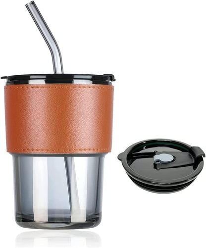 Glass Coffee Mug Tumbler with Leather Belt and Glass Straw