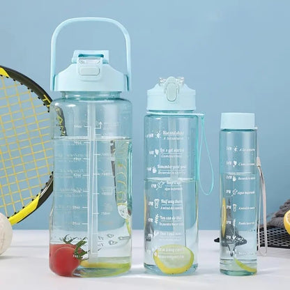 Motivational Water Bottle Set with Time Markers, 2000ml, 900ml, 300ml, Clear, Leak-Proof, for Office, School, Gym, Travel, Set of 3