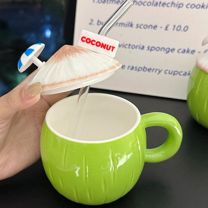 Coconut Shaped Ceramic Mug with Lid & Straw