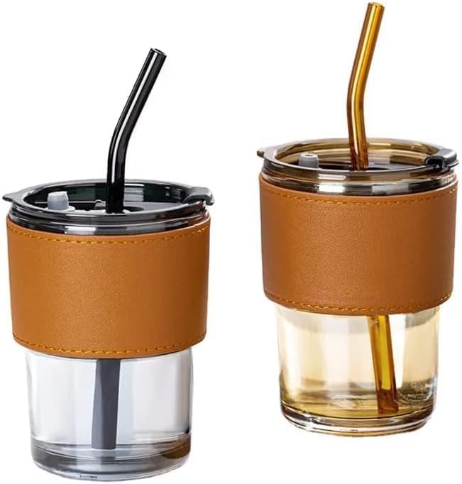 Glass Coffee Mug Tumbler with Leather Belt and Glass Straw