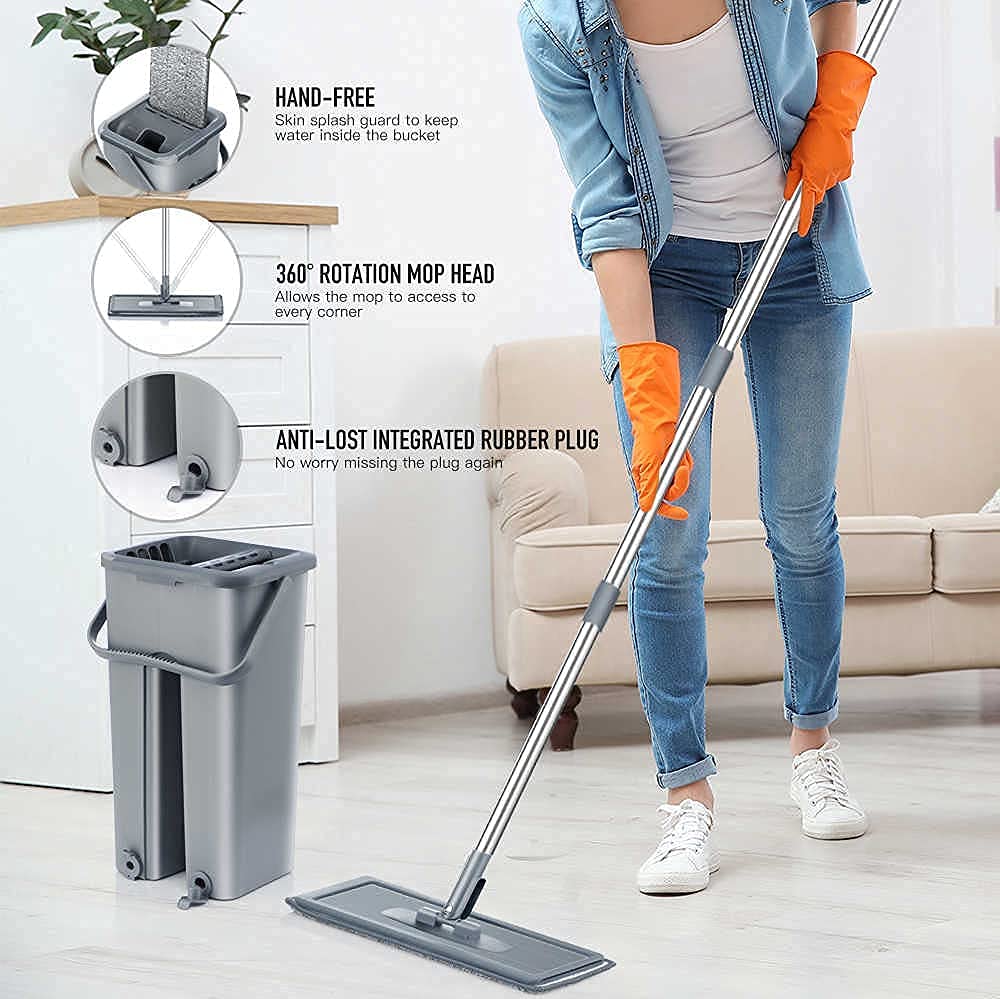 Easy Flat Mop Stick Rod with Bucket Set in Offer for Wet & Dry Use, Best 360 Degree Spin Magic Floor Cleaning for Home + Office and 2...