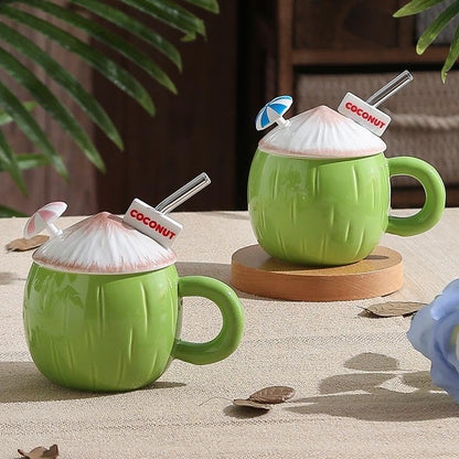 Coconut Shaped Ceramic Mug with Lid & Straw