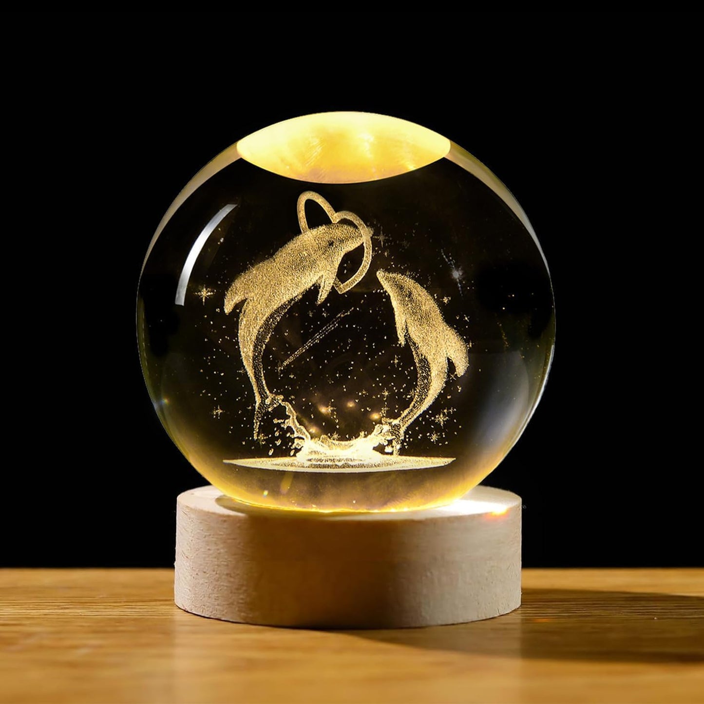 3D Galaxy Crystal Ball Night Light | Dimmable Engraved LED Glass Ball (Dolphin)