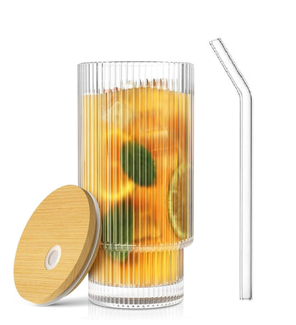 Drinking Glasses Tumbler Set of 1 Wooden Lids and Straws