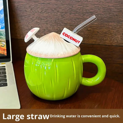 Coconut Shaped Ceramic Mug with Lid & Straw