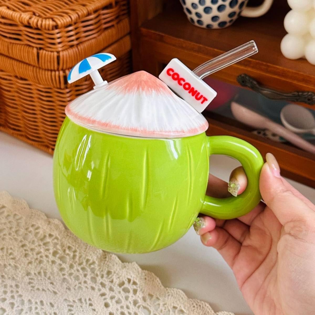 Coconut Shaped Ceramic Mug with Lid & Straw