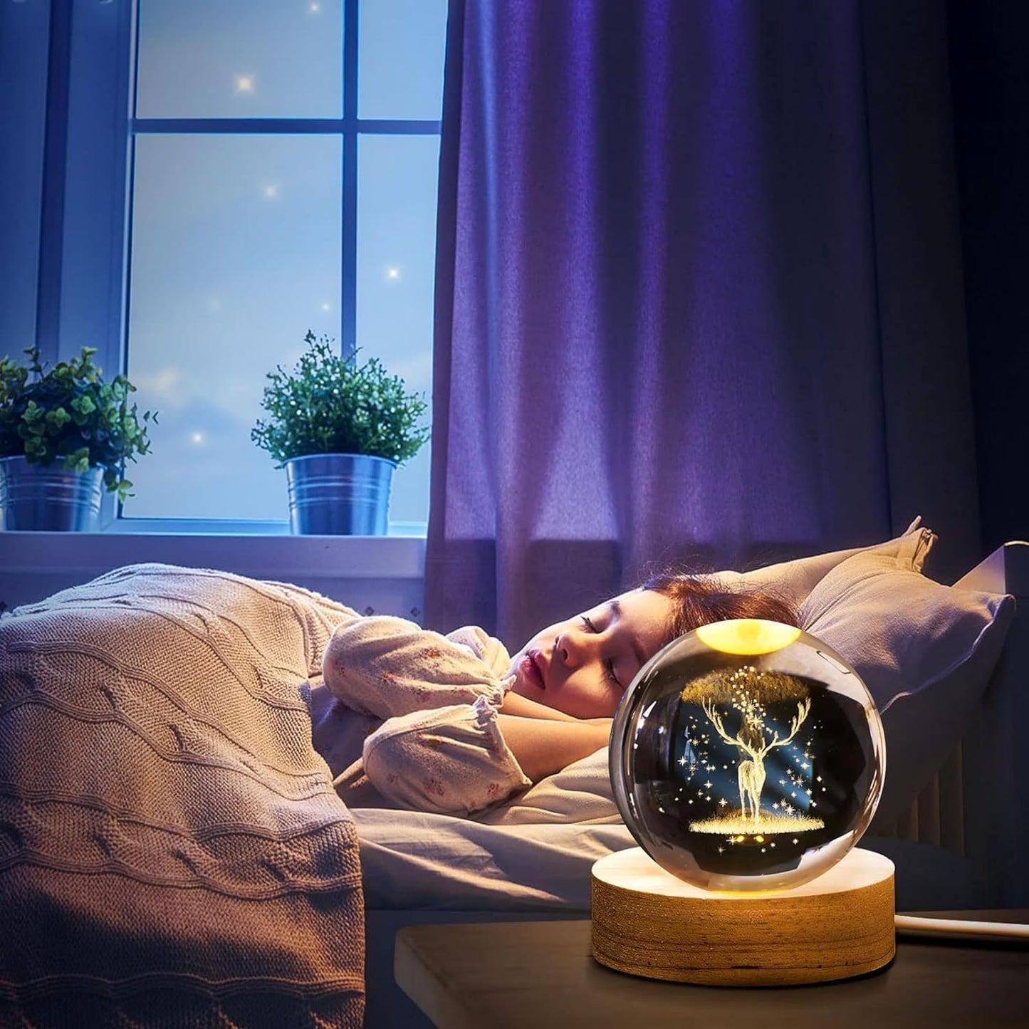 3D Galaxy Crystal Ball Night Light | Dimmable Engraved LED Glass Ball (Deer)