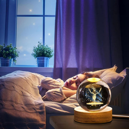 3D Galaxy Crystal Ball Night Light | Dimmable Engraved LED Glass Ball (Deer)