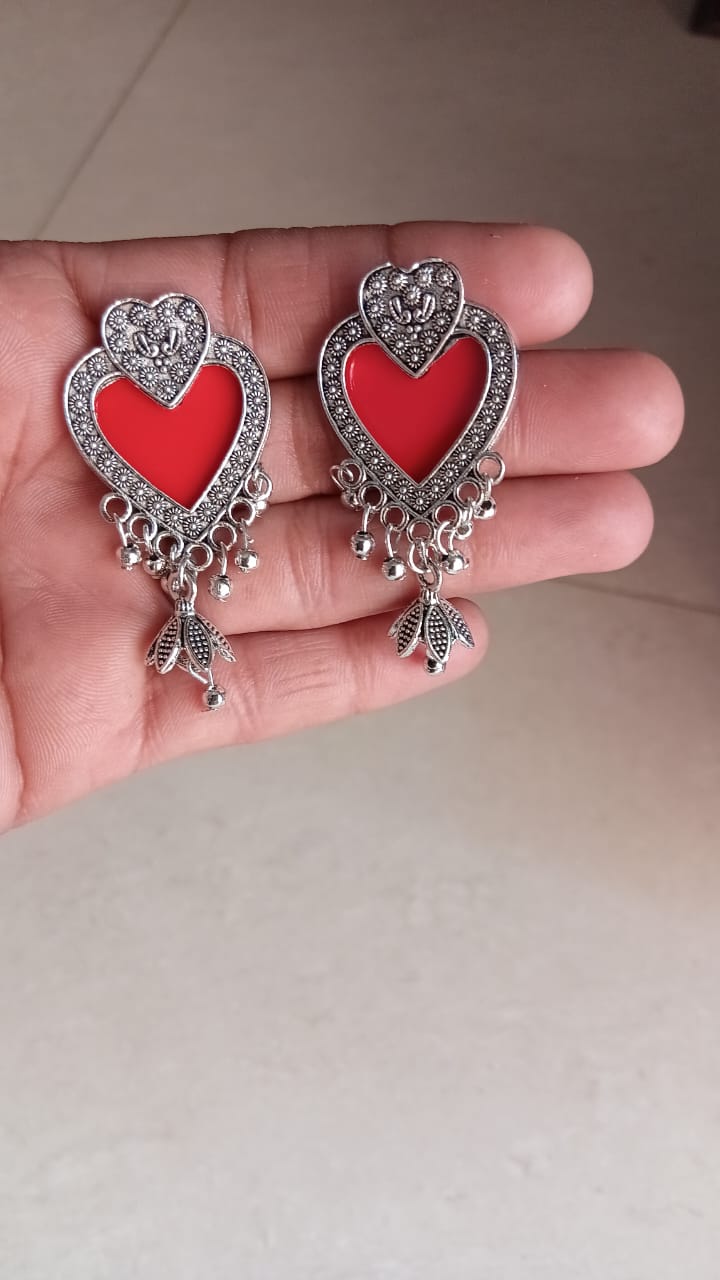 Antique Silver Red Heart Danglers