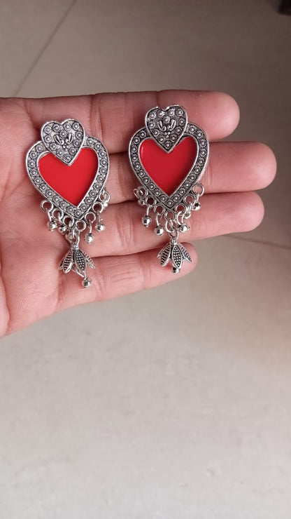 Antique Silver Red Heart Danglers