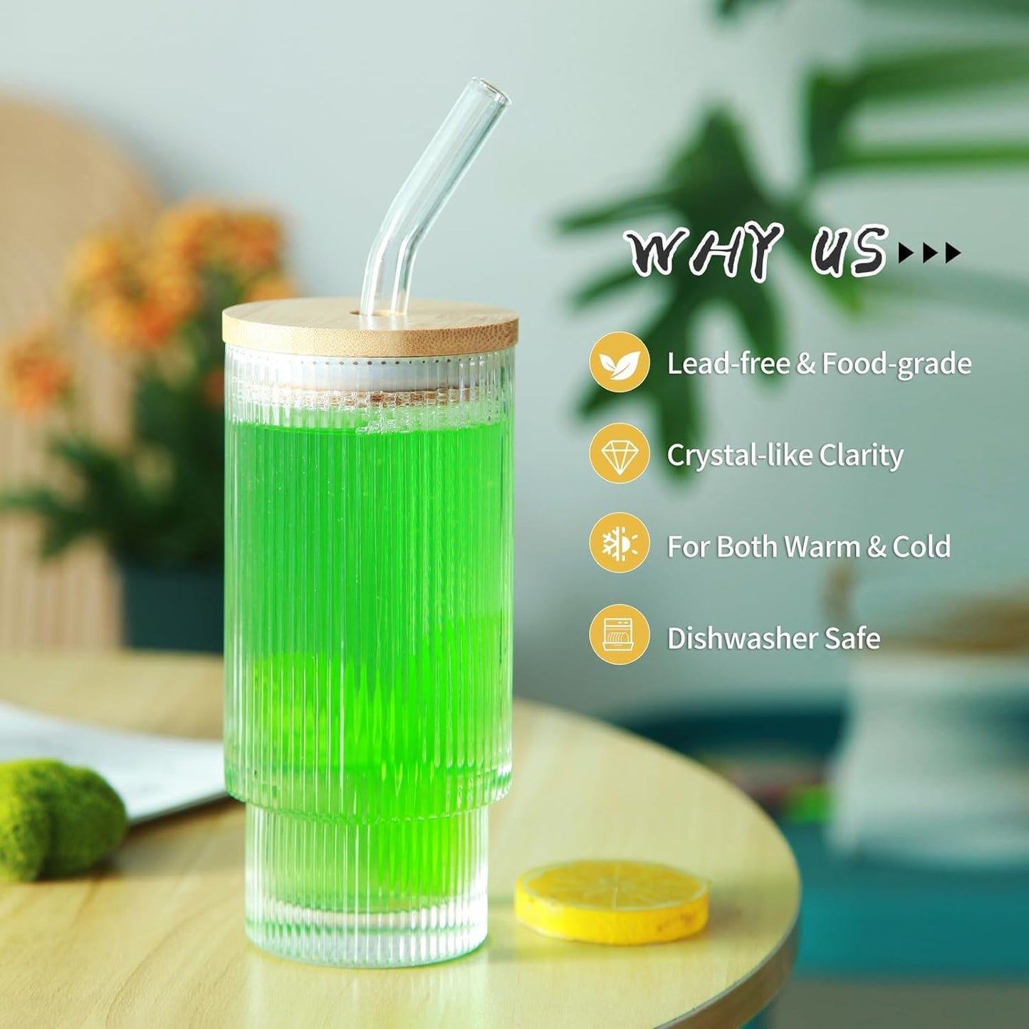 Drinking Glasses Tumbler Set of 1 Wooden Lids and Straws