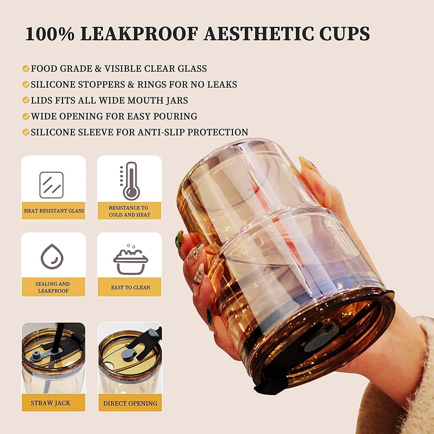 Cup Sipper Glass with Straw, Mug with Lid, Tumbler (Silicone Straw) (Design 1, Pack of 2)