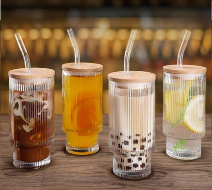 Drinking Glasses Tumbler Set of 1 Wooden Lids and Straws