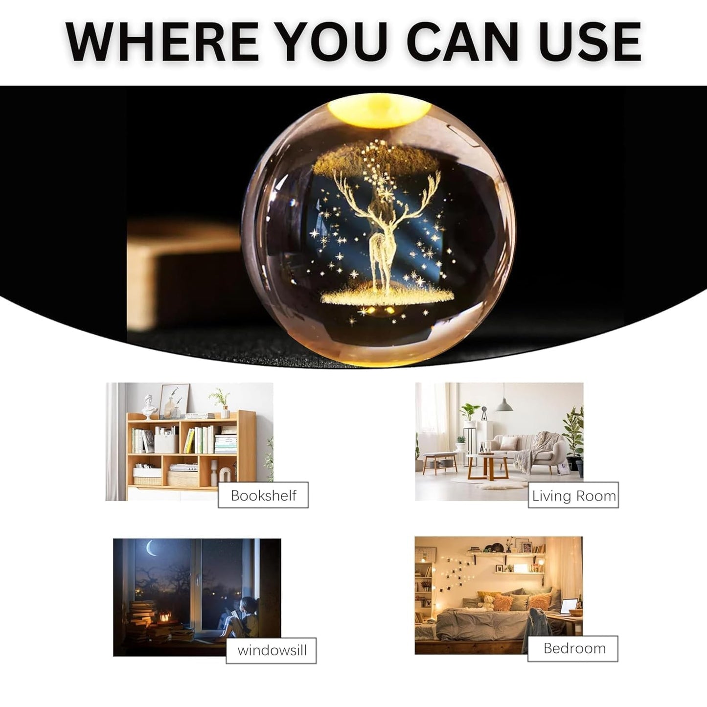 3D Galaxy Crystal Ball Night Light | Dimmable Engraved LED Glass Ball (Deer)