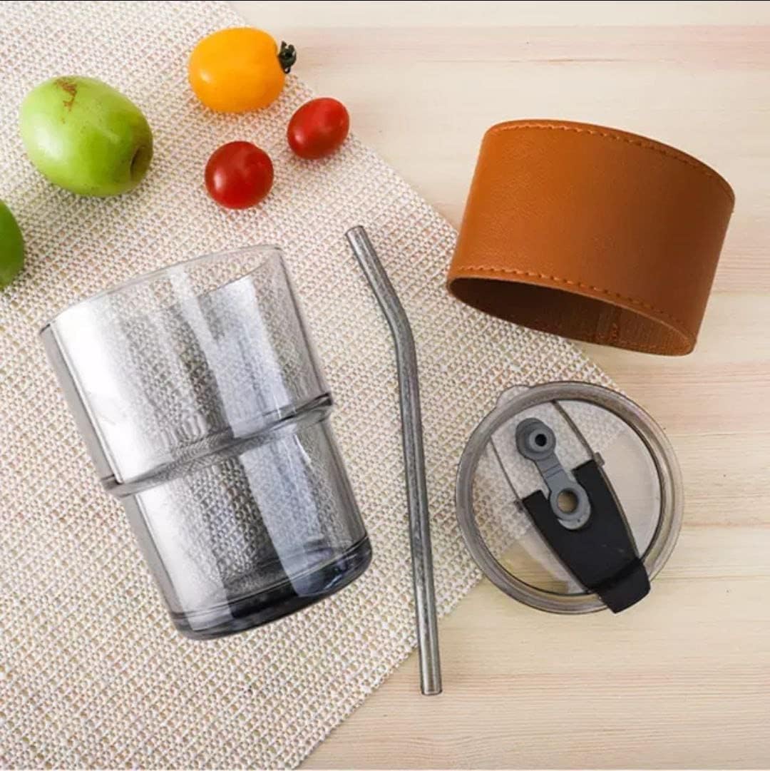 Glass Coffee Mug Tumbler with Leather Belt and Glass Straw