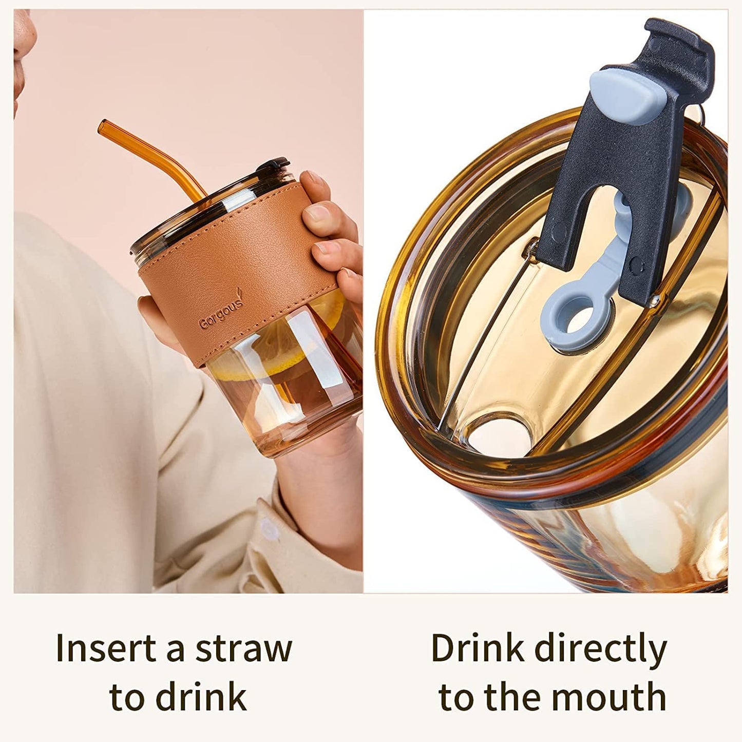 Cup Sipper Glass with Straw, Mug with Lid, Tumbler (Silicone Straw) (Design 1, Pack of 2)