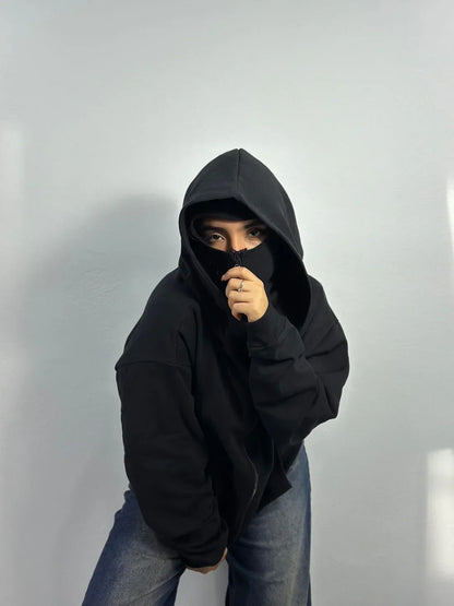 Stylish Black Balaclava Hoodie With Full Mask – Casual Zip-Up Sweatshirt