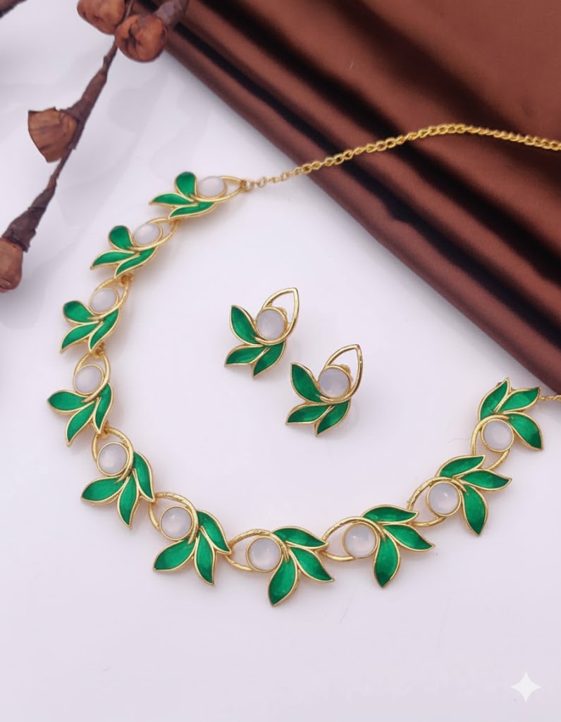 Gold Plated Green Leaves Nature Inspired Jewellery Set