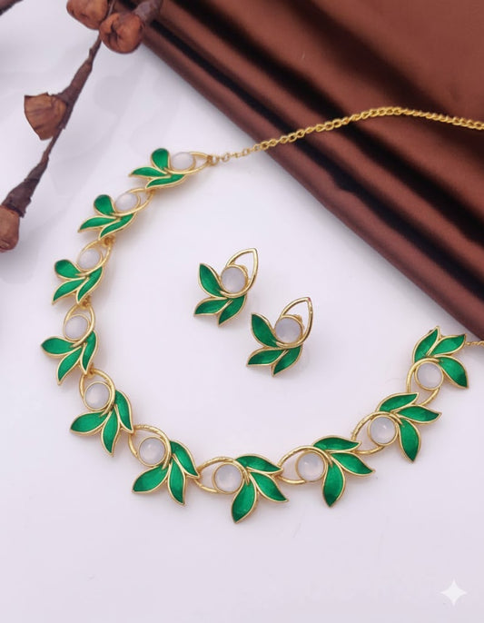 Gold Plated Green Leaves Nature Inspired Jewellery Set