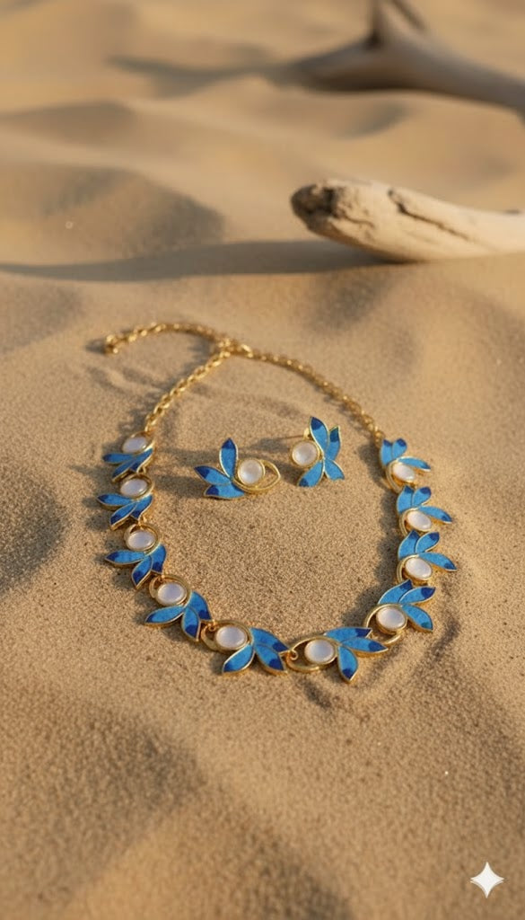 Gold Plated Blue Leaves Nature Inspired Jewellery Set