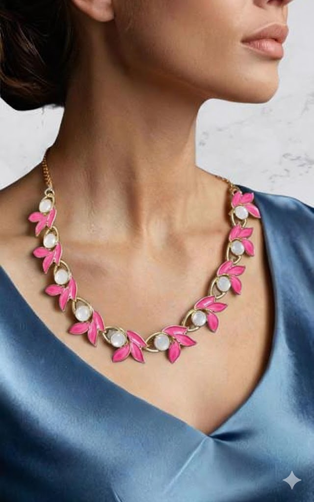 Gold Plated Pink Leaves Nature Inspired Jewellery Set