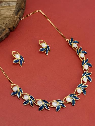 Gold Plated Blue Leafy Nature Inspired Jewellery Set