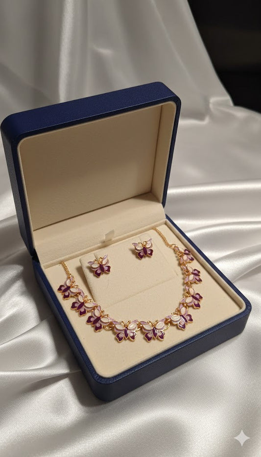 Purple Floral Enamel Necklace & Stud Earrings Set – Gold Finish