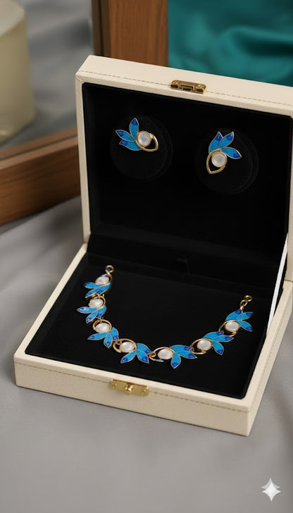 Gold Plated Blue Leaves Nature Inspired Jewellery Set