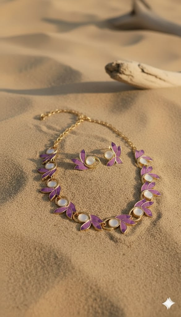 Gold Plated Purple Leaves Nature Inspired Jewellery Set