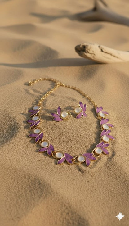 Gold Plated Purple Leaves Nature Inspired Jewellery Set
