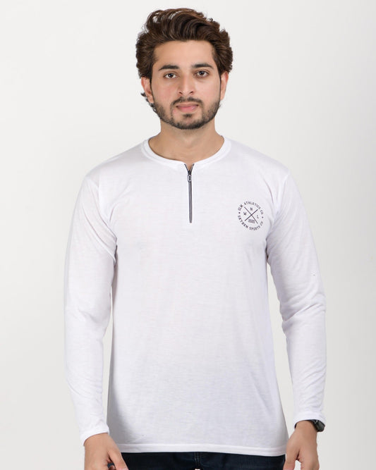 Men Printed Henley Neck Polycotton White T-Shirt