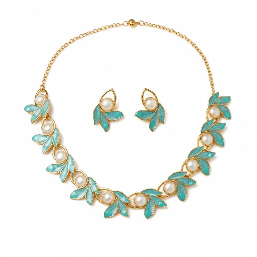 Gold Plated Aqua Blue Leaves Nature Inspired Jewellery Set