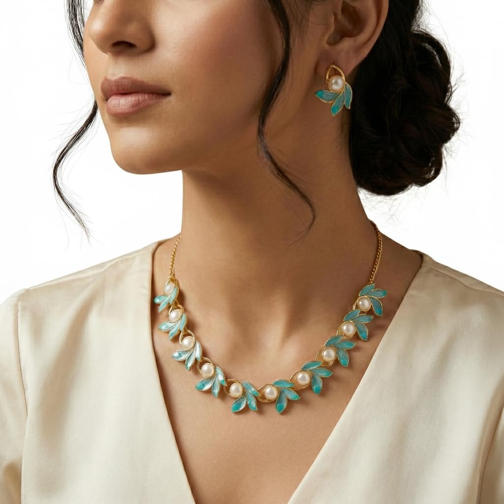Gold Plated Aqua Blue Leaves Nature Inspired Jewellery Set