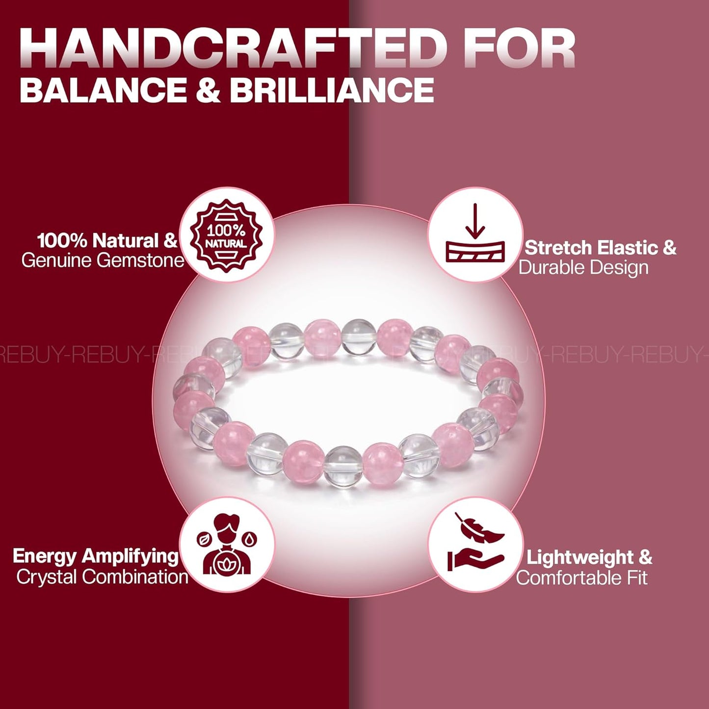 Rose Quartz Bracelet Clear Quartz Natural Healing Gemstone Bracelet for Men & Women