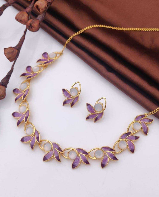 Gold Plated Purple Leaves Nature Inspired Jewellery Set